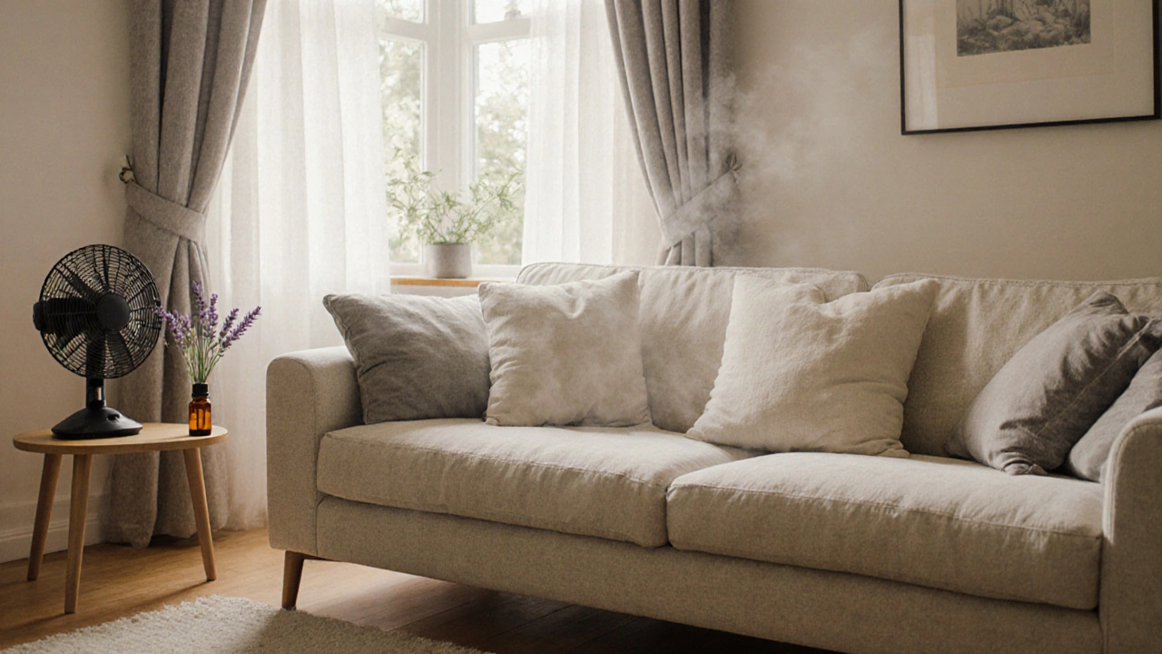 Bright, clean sofa in a sunlit room with open window, fan, and essential oil bottle.