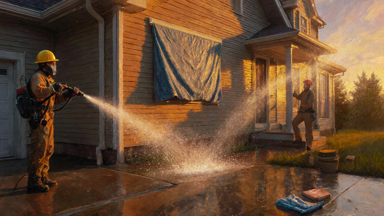 Clean house exterior being rinsed and sealed after pressure washing, with tarps removed.