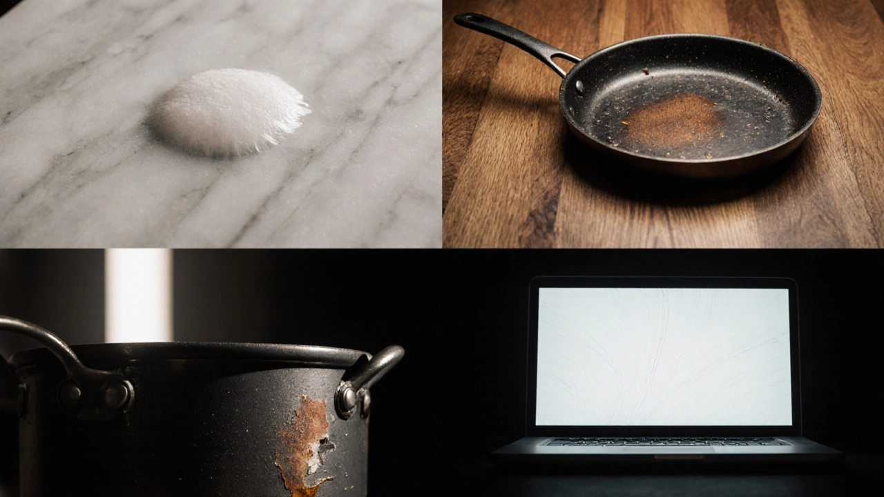Close‑up of damaged surfaces: etched marble, warped wood, rusted metal, peeling paint, and streaked screen.