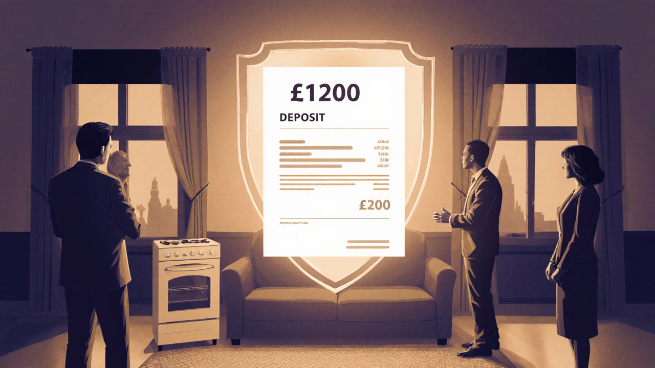 Deposit shielded by cleaning invoice, with spotless flat and certificate glowing above, symbolizing peace of mind.