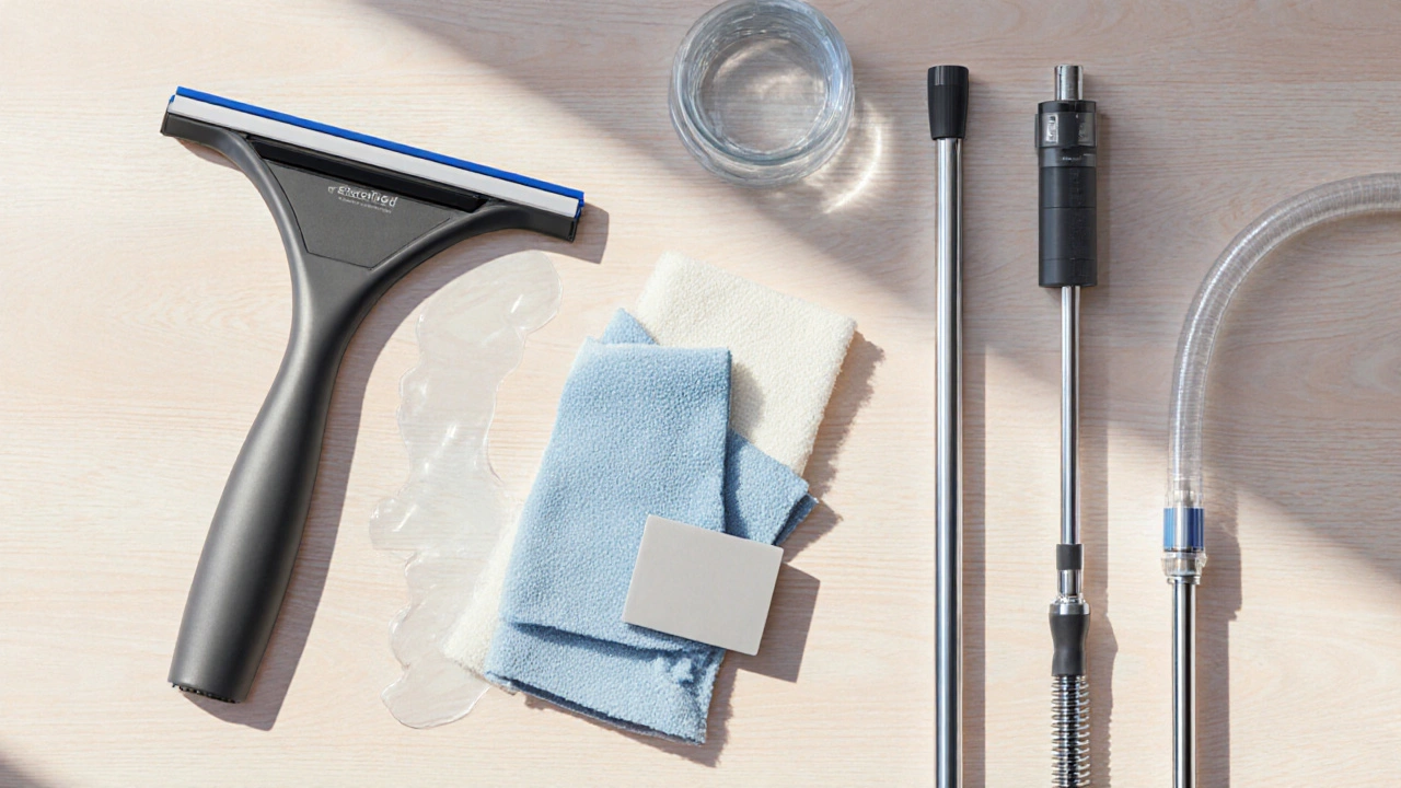 Flat lay of squeegee, microfiber cloths, magnetic cleaner, pole and water‑fed system.