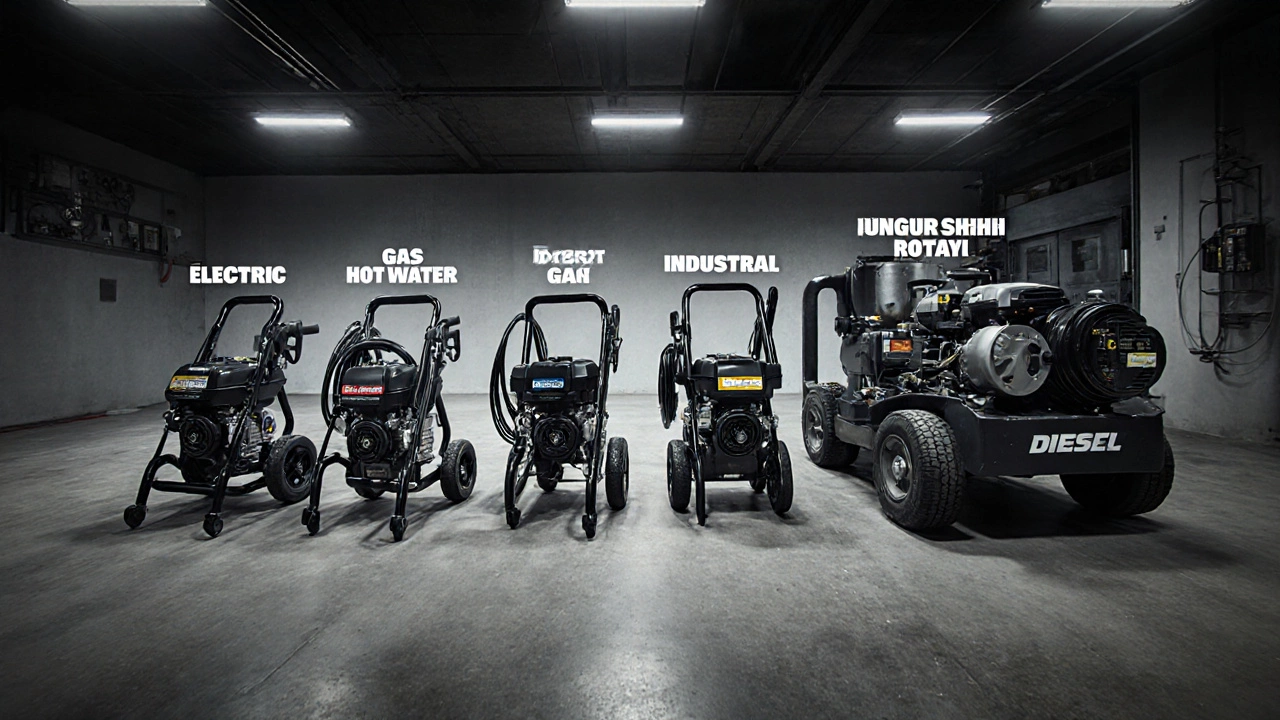 Four pressure washer models displayed in a garage with spec labels.
