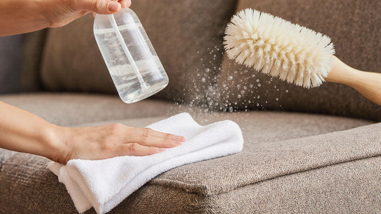 Hand cleaning sofa with microfiber cloth, spray mist, and brush.