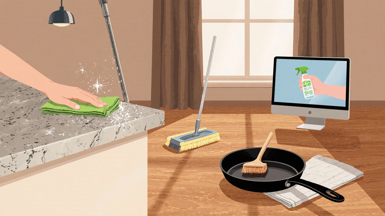 Hand cleaning stone counter, hardwood floor, cast‑iron pan, and tablet with safe, non‑acid cleaners.