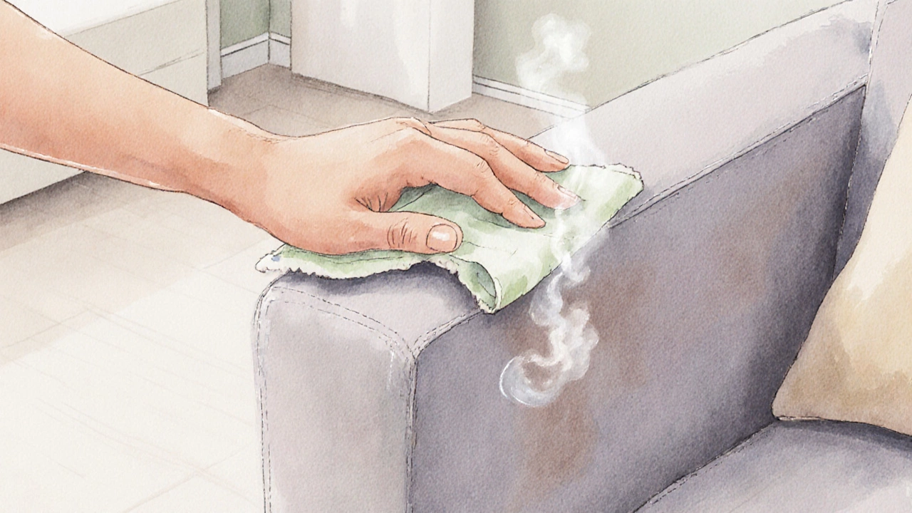 Hand spot‑testing upholstery with a damp microfiber cloth and mist.