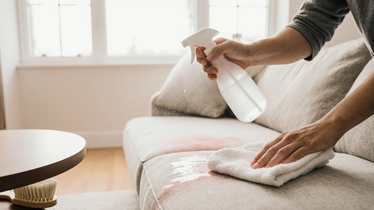 Hands misting a stain on a sofa, then blotting with a white cloth and a brush nearby.