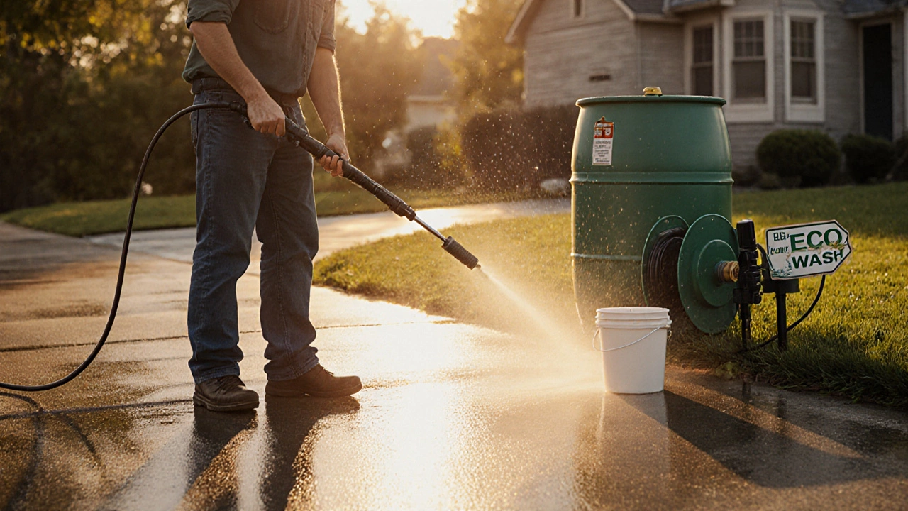 Homeowner uses rain‑water barrel and low‑psi nozzle, collecting runoff in a bucket.