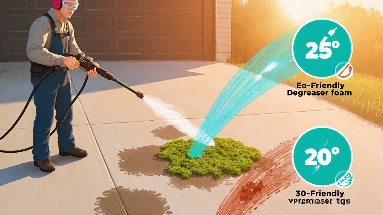 Homeowner using three nozzle tips on oil, moss, and rust stains on a driveway.