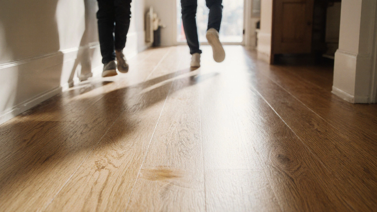 Honey oak floor with matte finish hides a shoe scuff in a busy hallway.
