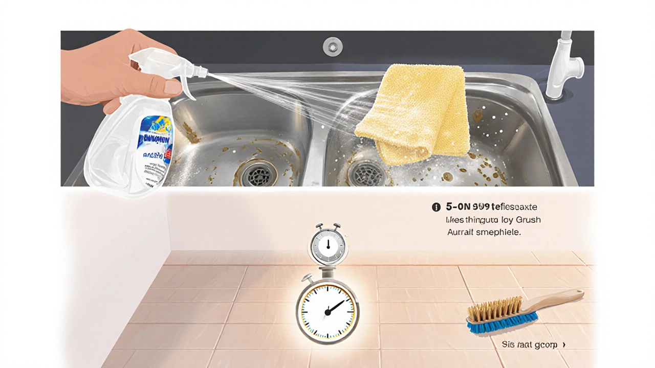 Illustration of a hand spraying Dawn‑vinegar mixture onto a stainless‑steel sink.