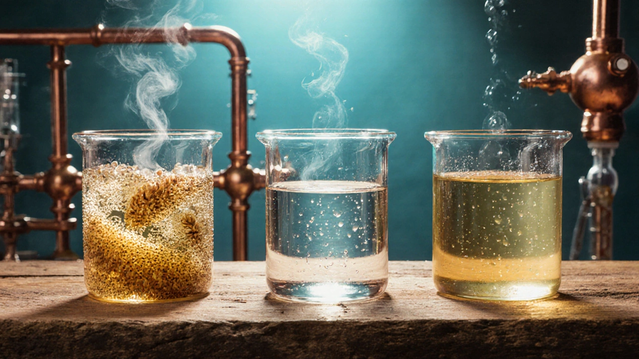 Illustration of grain mash turning into ethanol then vinegar in glass containers.