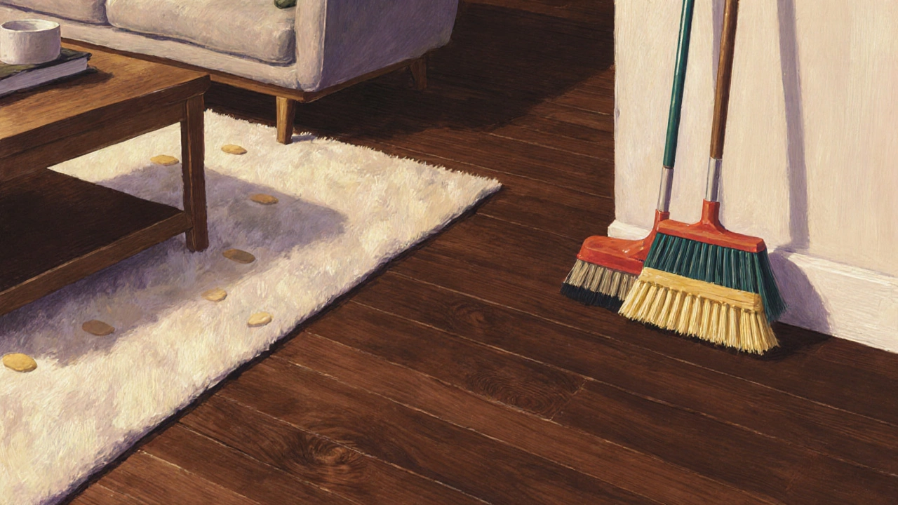 Living room with walnut floor, rug, felt‑pad furniture and cleaning tools.