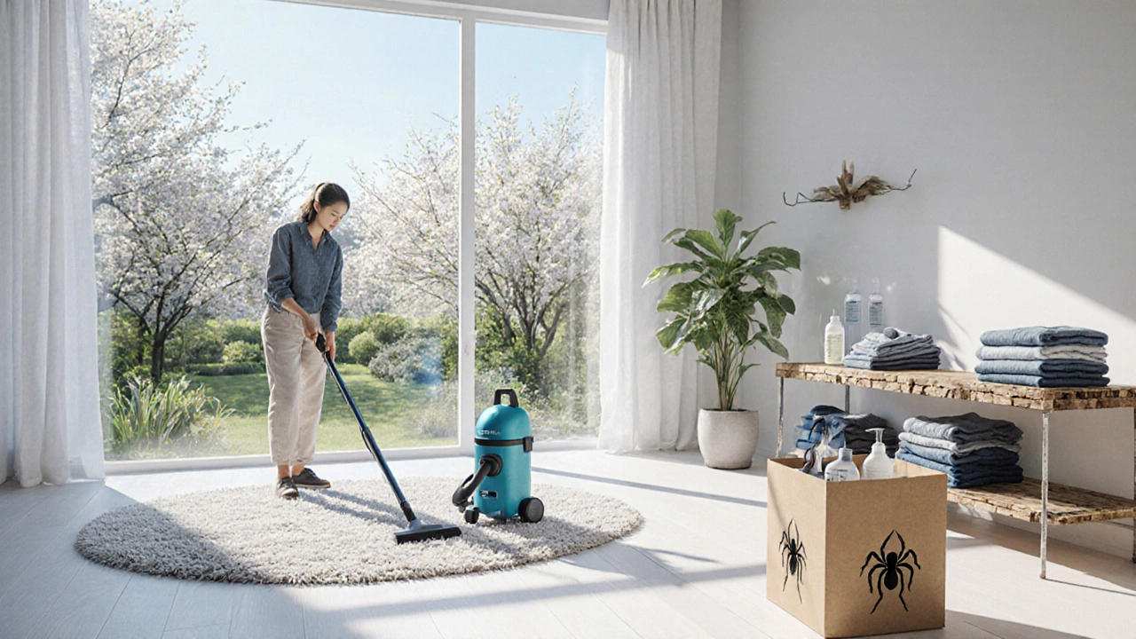 Modern eco‑friendly spring cleaning with HEPA vacuum, plant cleaners, and donation bin.