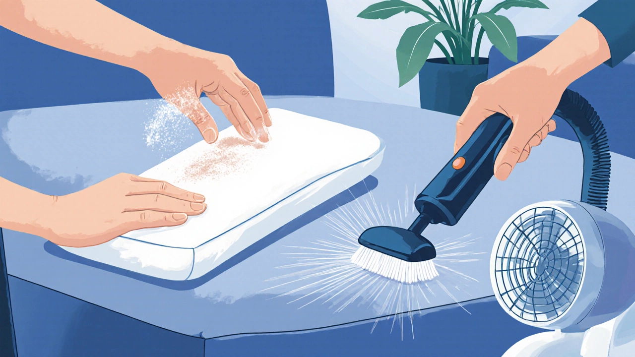Person rotating cushion, sprinkling baking soda, and vacuuming sofa.
