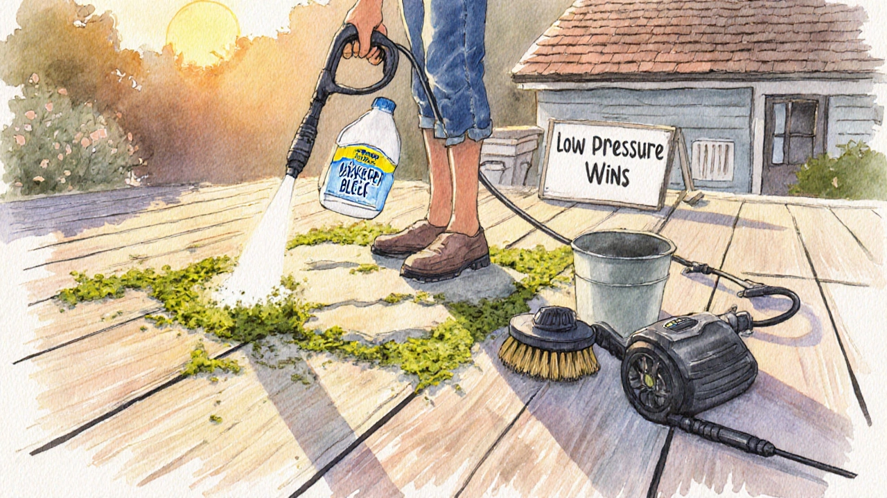 Person safely cleaning moss with a garden sprayer while a dusty pressure washer sits unused nearby.