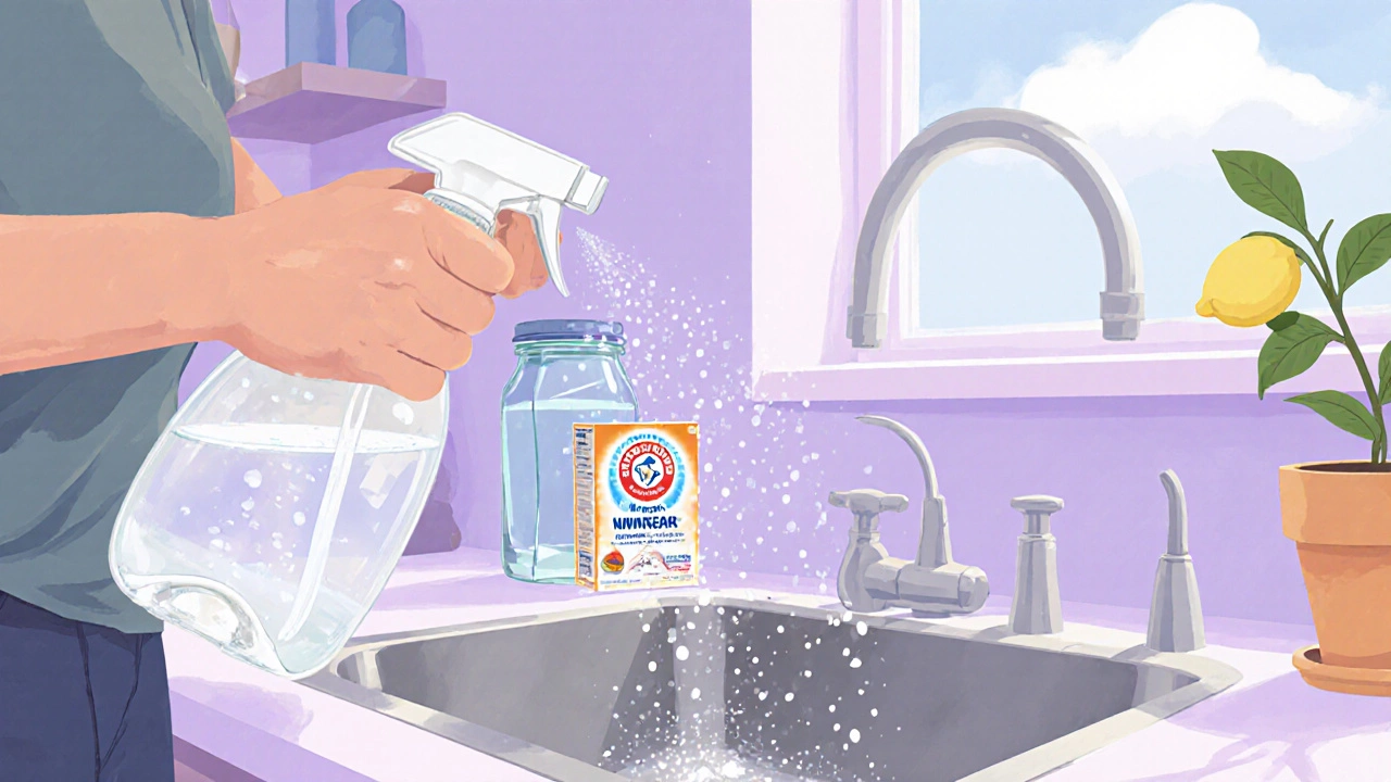 Person spraying a vinegar‑water solution on a kitchen sink, creating a sparkling clean surface.