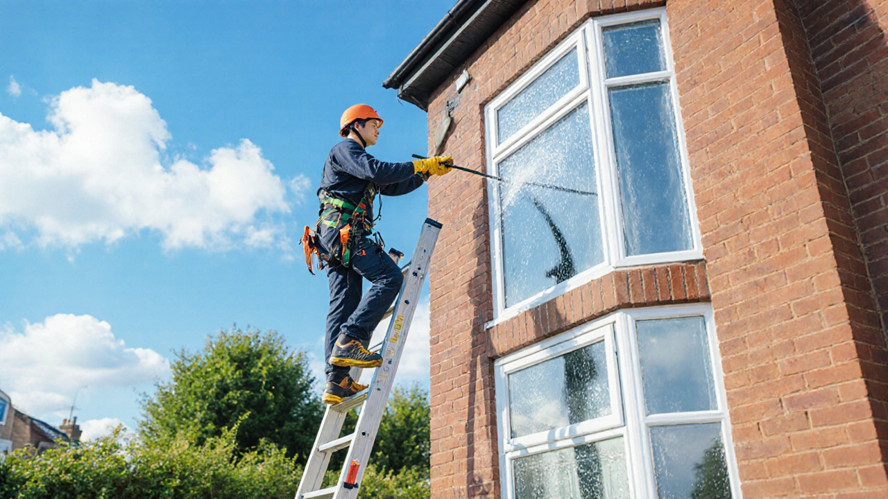 Person using an extension pole with water‑fed system to clean a high window, wearing safety gear.