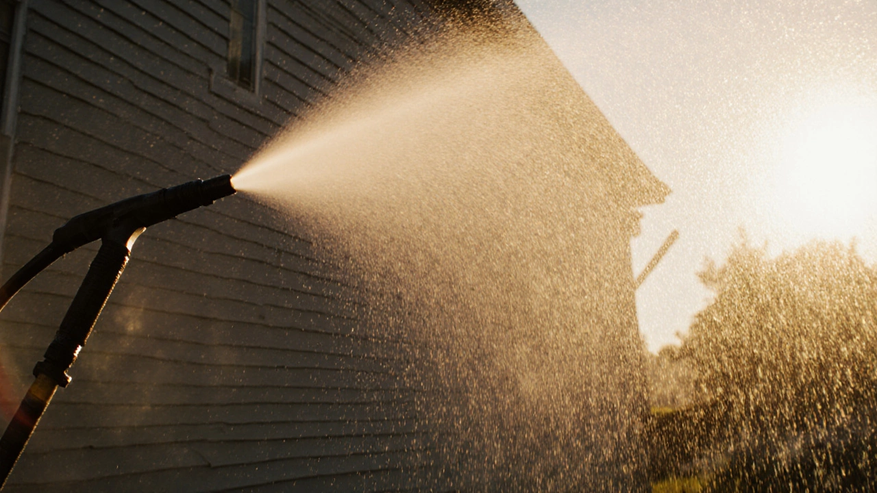Pressure washer spray cleaning a house side, water jet creating a fresh, shimmery surface.