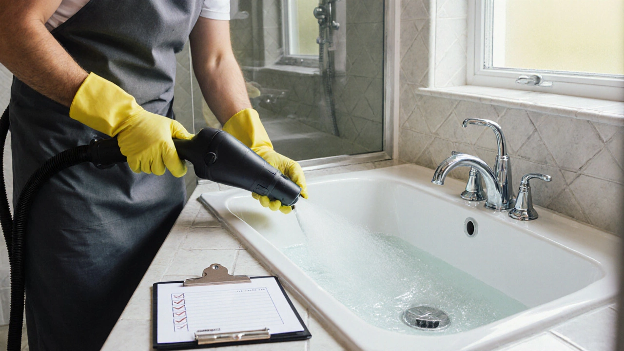 Professional cleaner using a steam cleaner on bathroom grout, with clean shower and polished taps in background.