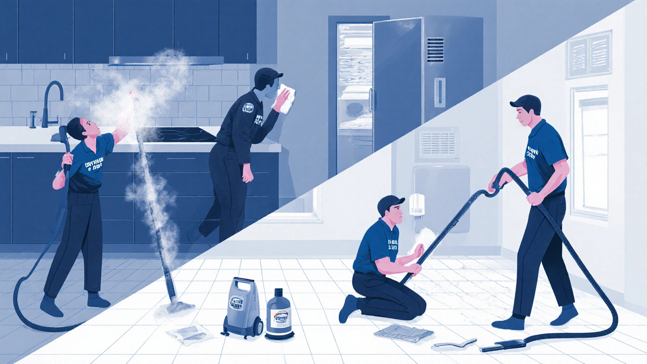 Professional cleaners steam‑cleaning grout, vacuuming fridge coils, and wiping vent ducts.