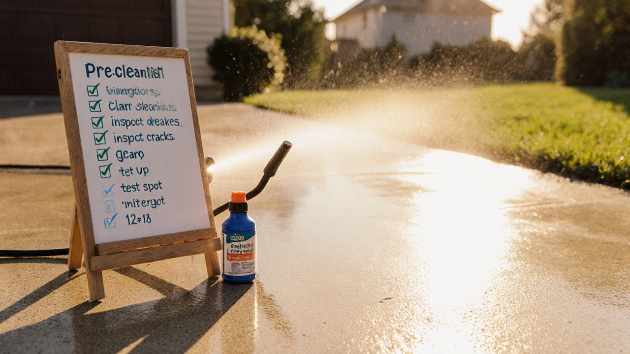 Sunset watercolor of a clean driveway with a checklist, detergent bottle, and pressure washer at safe distance.