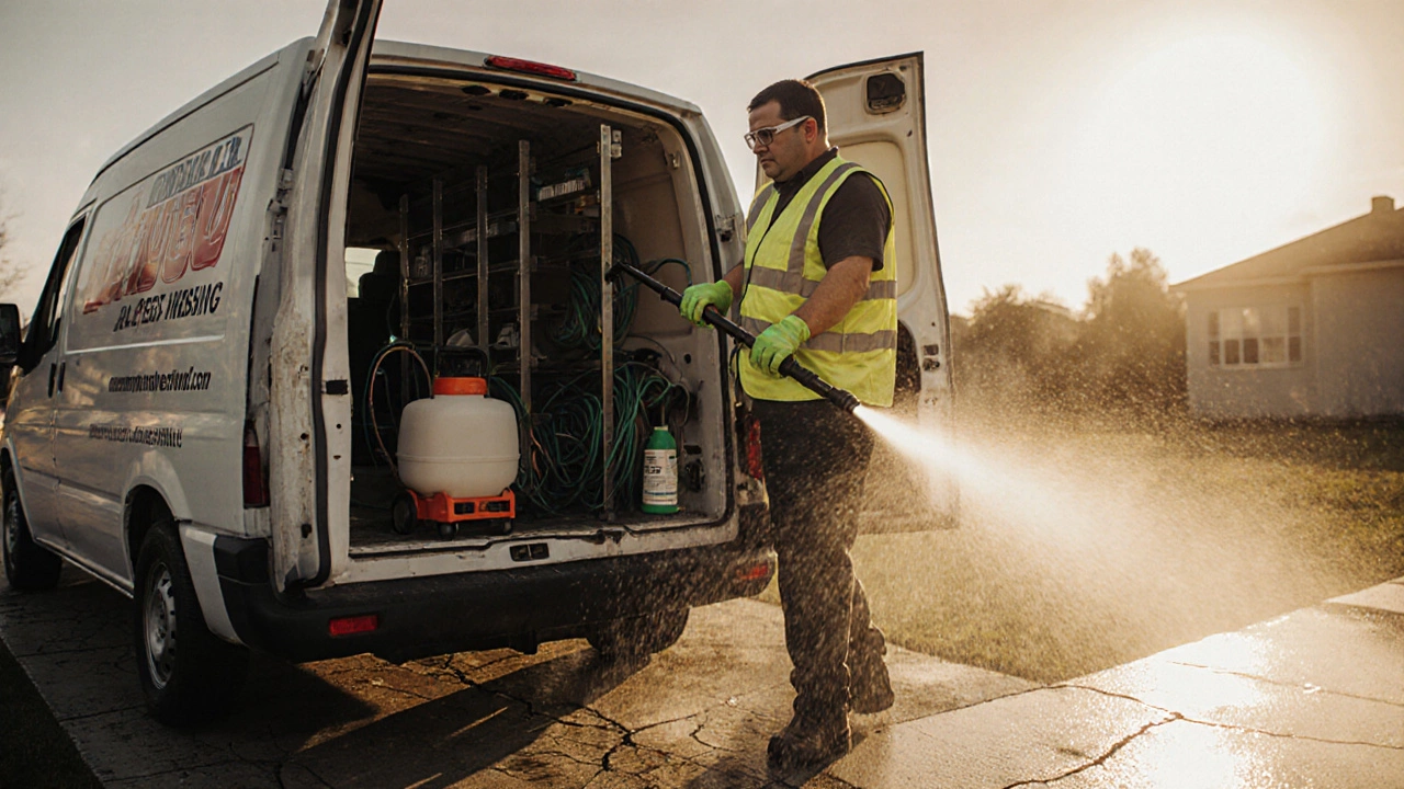 Technician loading equipment into a van and spraying a driveway at sunset.