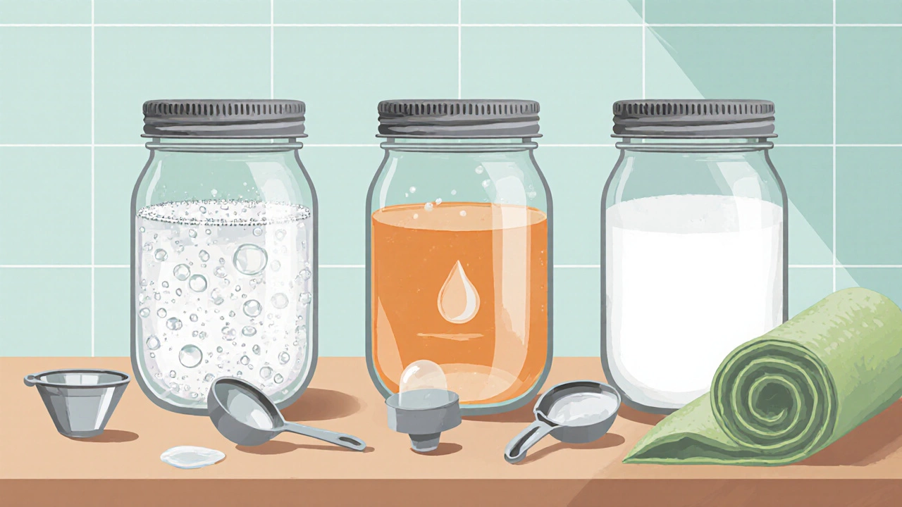 Three glass jars showing different homemade upholstery cleaner mixtures.