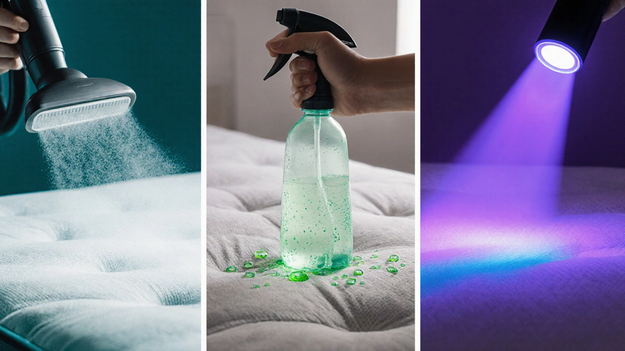 Three panels showing steam cleaning, enzyme spray, and UV sanitizing a mattress.
