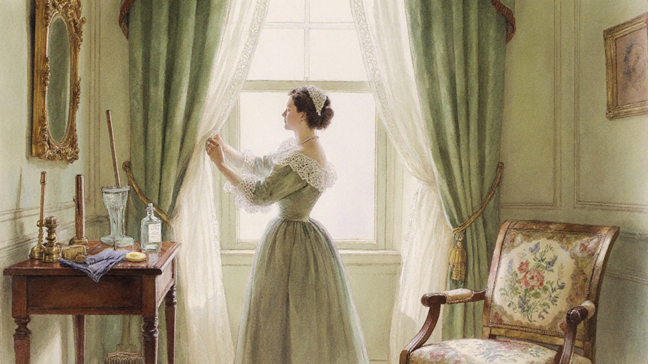 Victorian woman polishing furniture and opening curtains for spring cleaning.