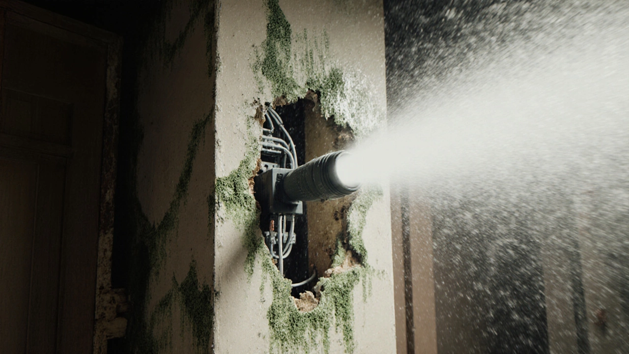 Water from a pressure washer bursting through a wall, revealing hidden mold and rotting drywall inside.