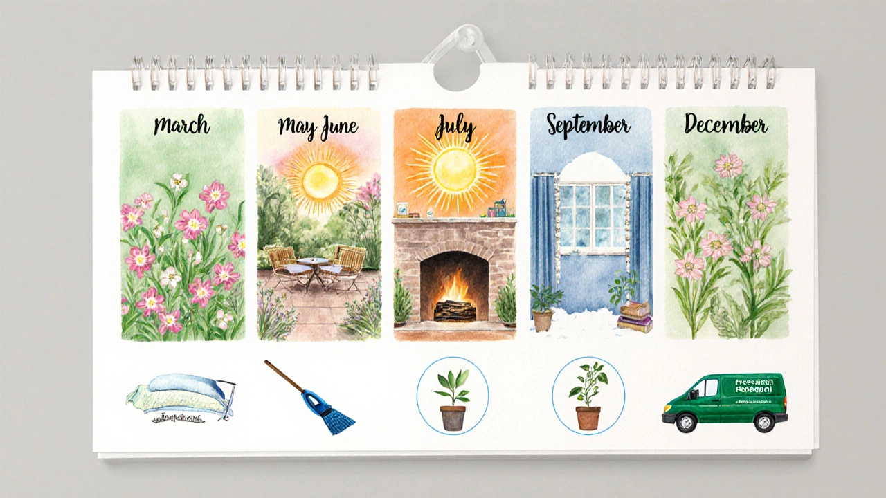 Watercolor calendar showing seasonal cleaning icons for each half‑year period.