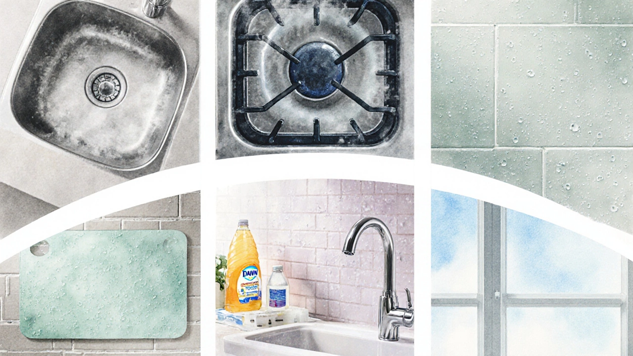 Watercolor collage of various household surfaces cleaned with Dawn and vinegar.