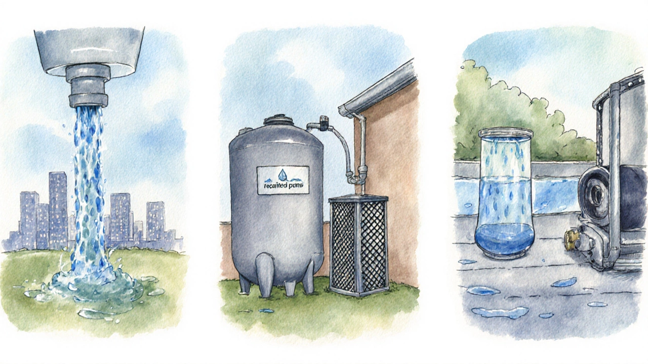Watercolor panels showing mains water, reclaimed tank, and recirculating system.