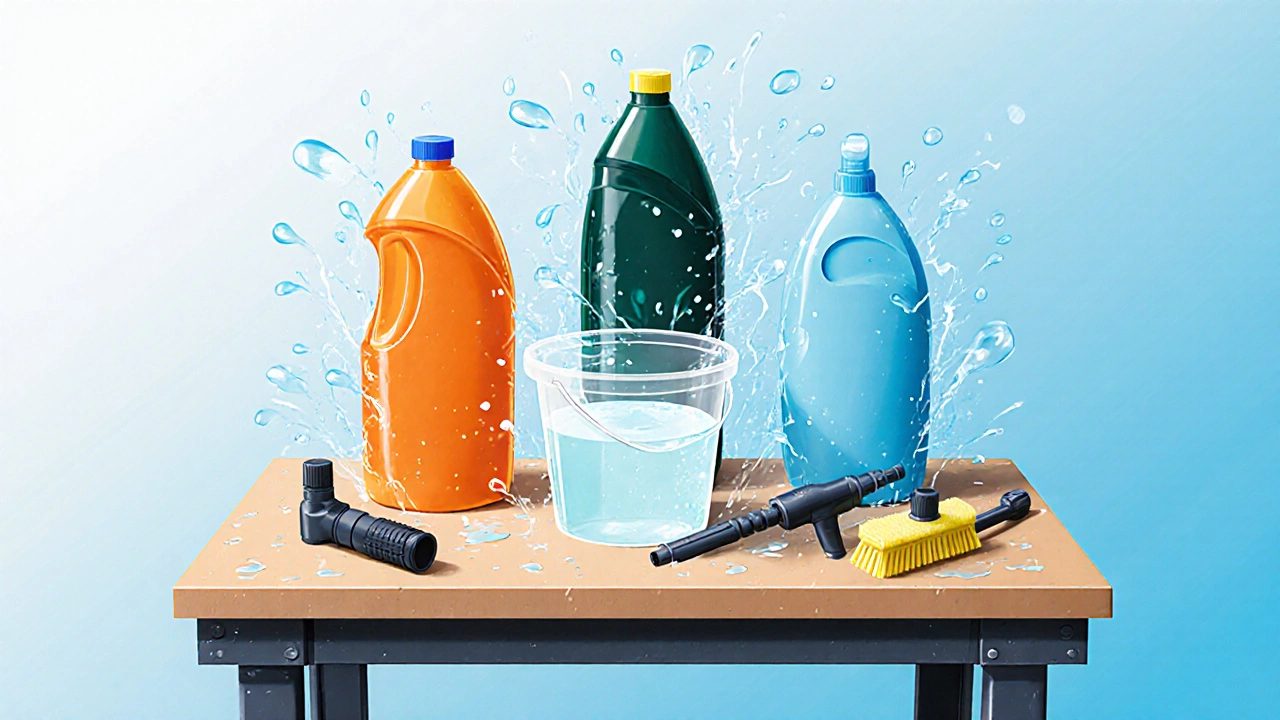 Workbench displaying detergent bottles, bucket, brush, and nozzle for pressure washing prep.