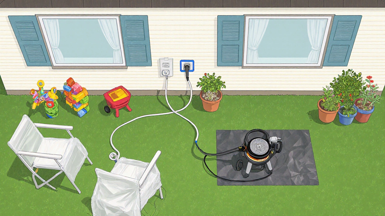 Yard cleared and covered with tarps, pressure washer set up near hose and protected outlets.