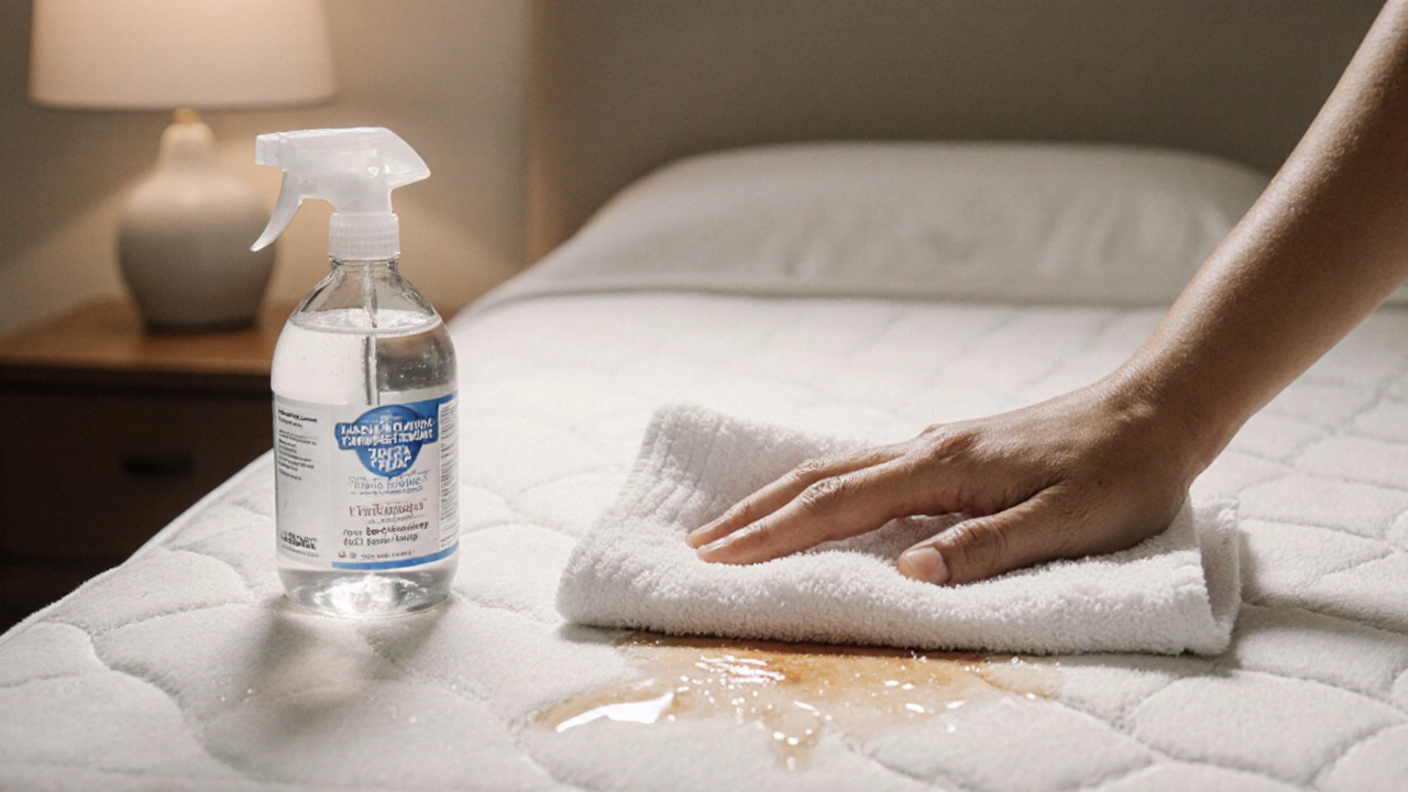 A clean towel gently blotting a stain on a mattress with vinegar solution nearby.