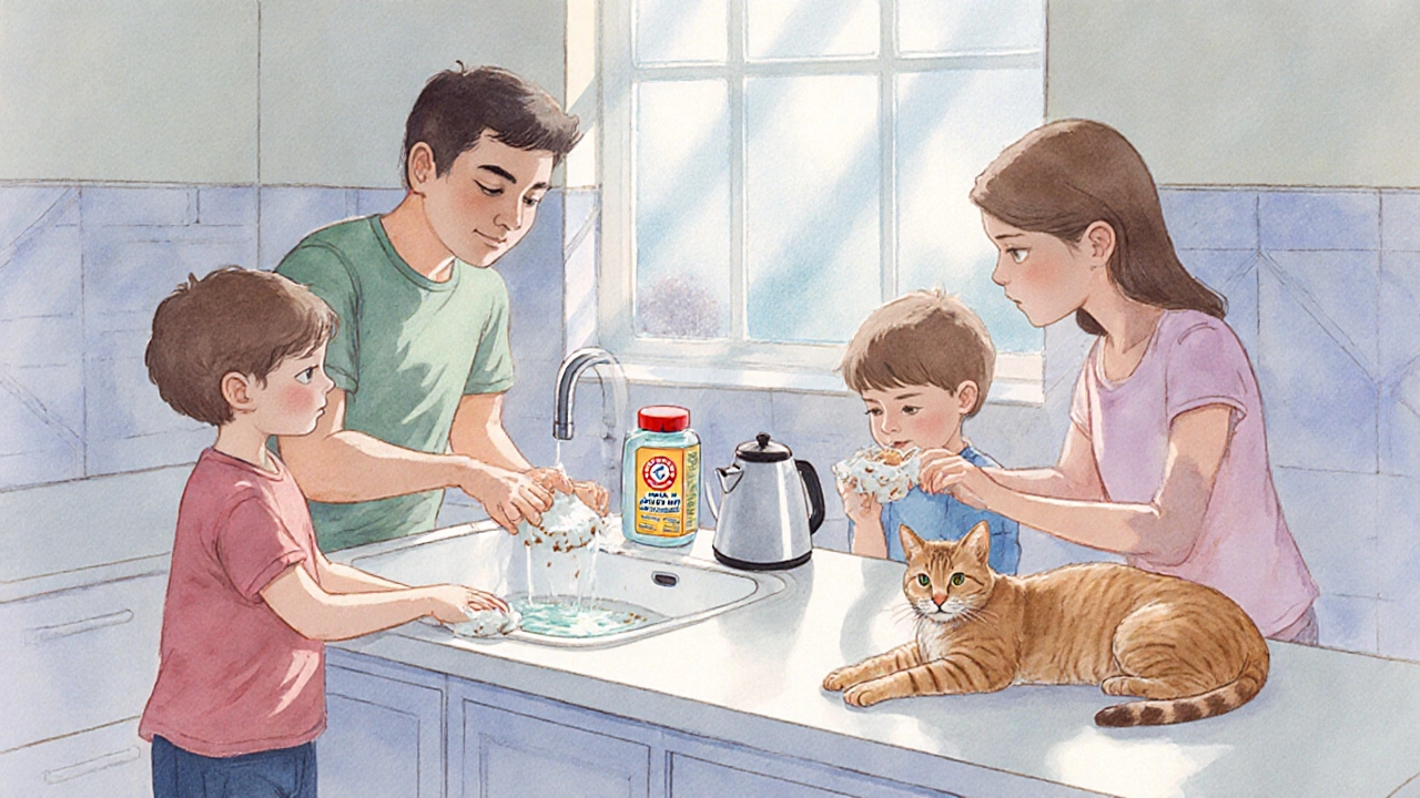 A family cleaning a bathroom sink with baking soda paste while a cat rests nearby, sunlight streaming through a window.
