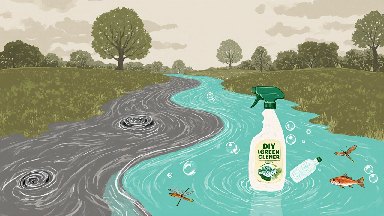 A river divided between polluted chemical runoff and clean water with biodegradable bubbles from a green cleaner bottle.