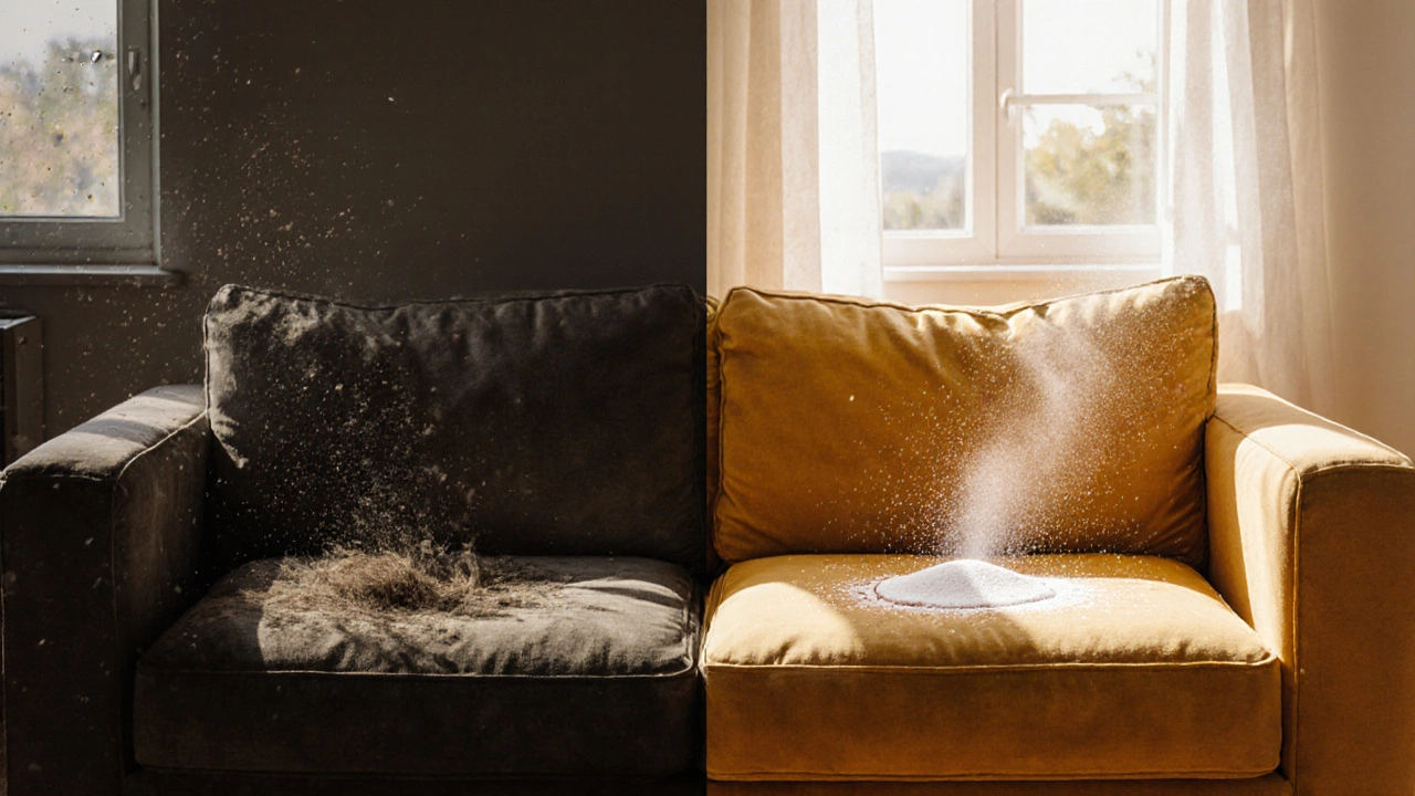 Before and after split image of dirty versus freshly cleaned sofa
