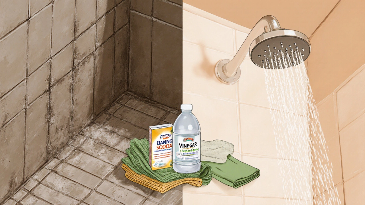 Before and after view of clean bathroom grout and showerhead.