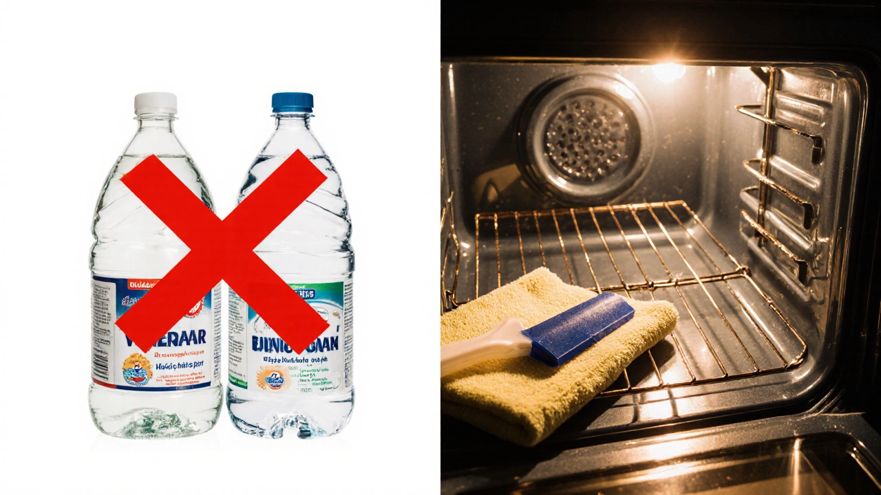 Contrast between ineffective vinegar-Dawn combo and successful baking soda clean.