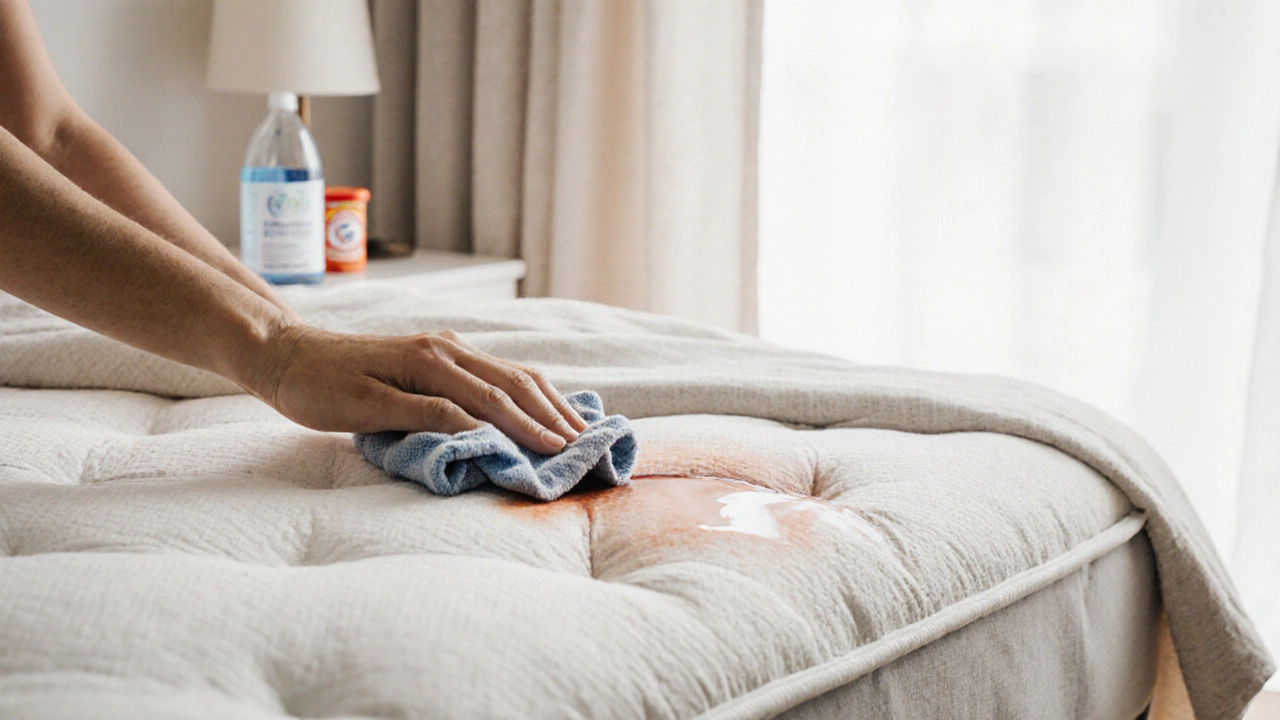 Hand cleaning a mattress stain with cold water and enzyme cleaner nearby.