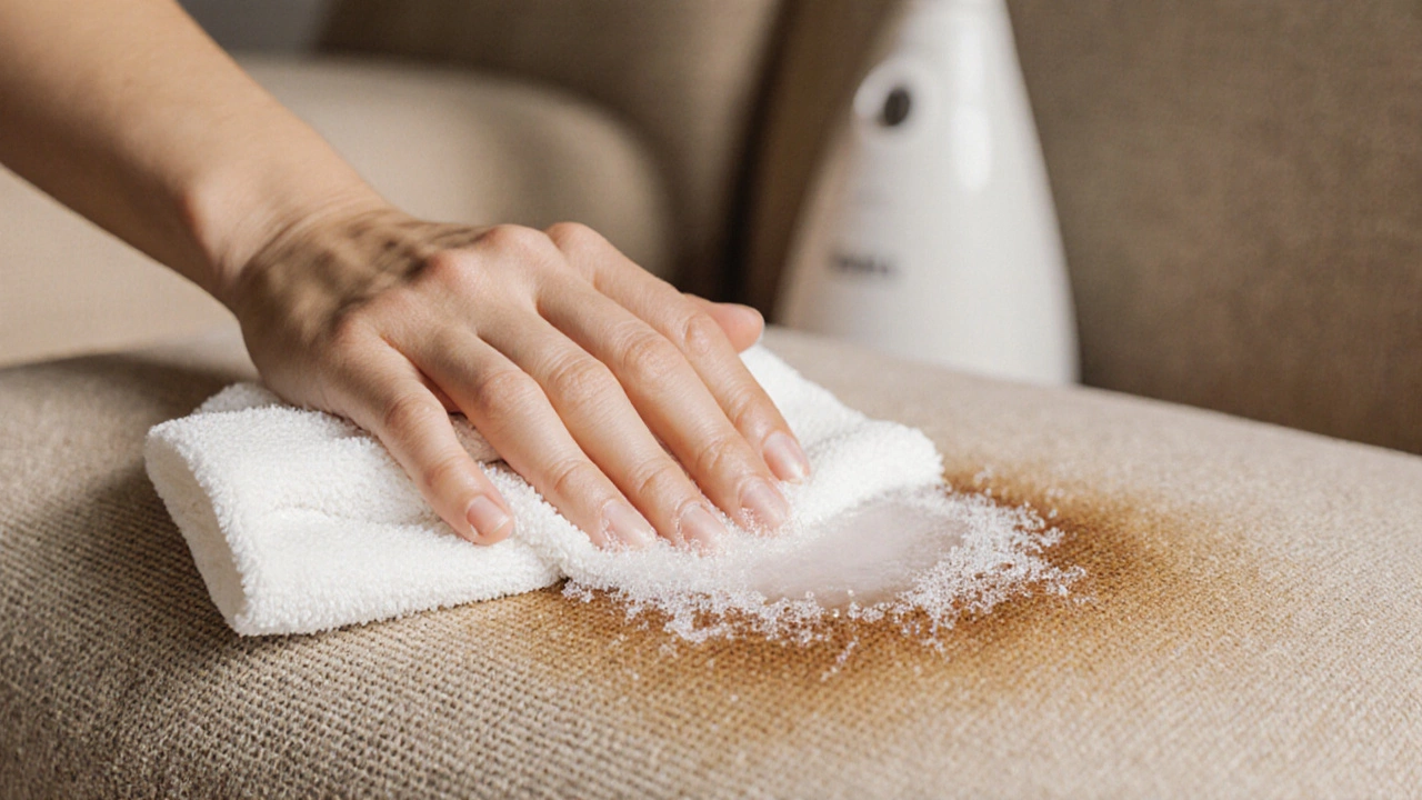 Hand dabbing sofa stain with microfiber cloth and cleaning solution