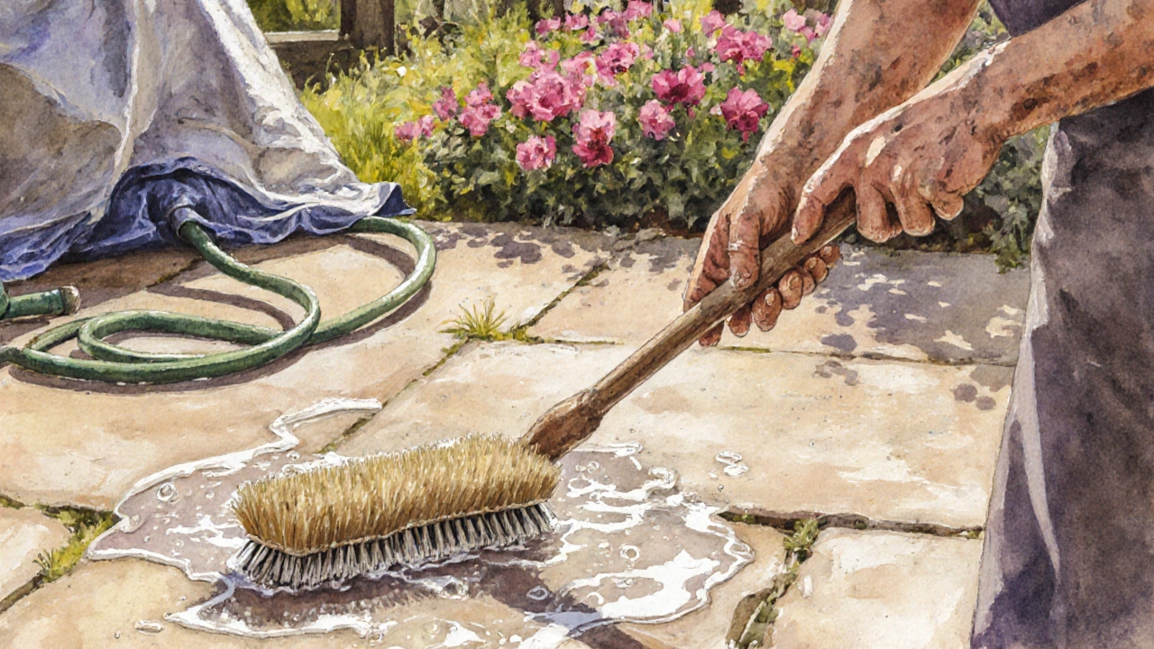 Hands scrubbing a stone porch with a soft brush using eco-friendly oxygen bleach solution.