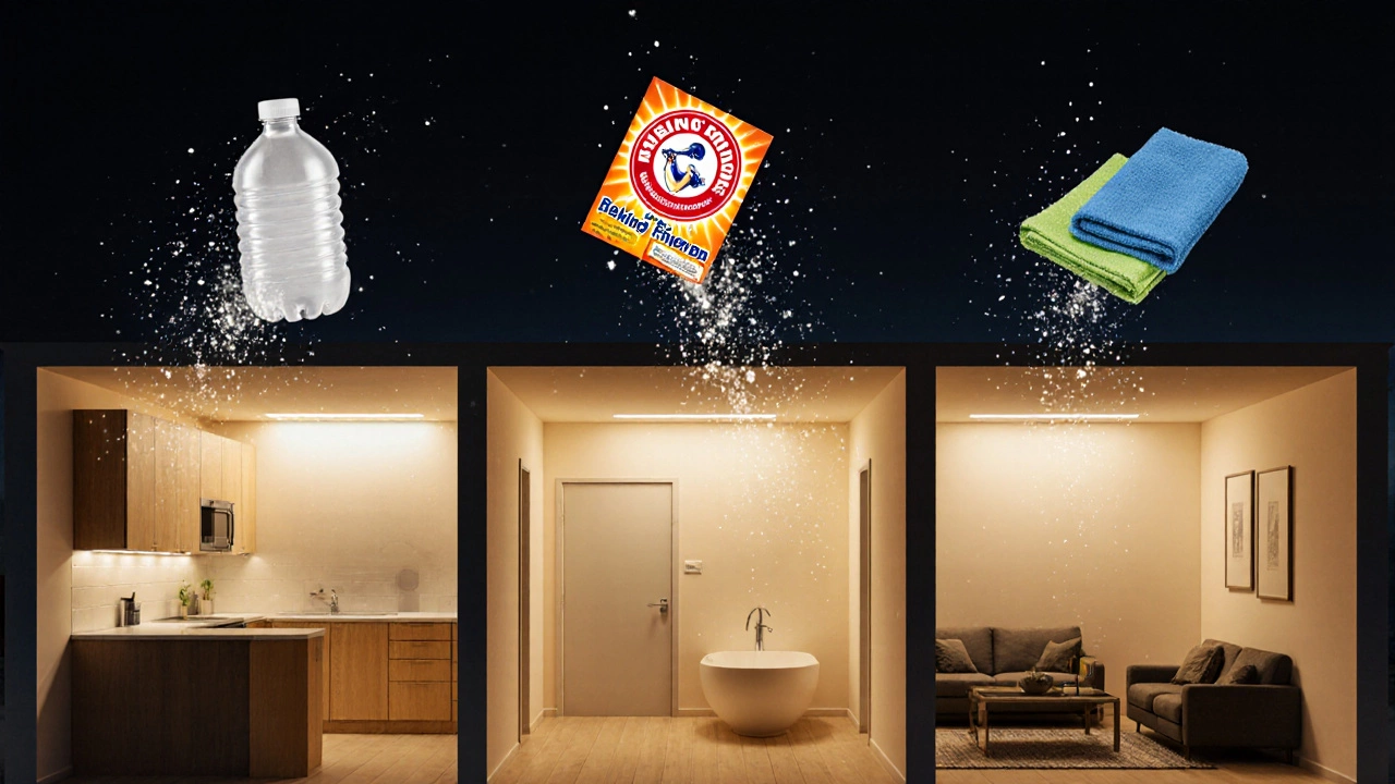 Home zones glowing with clean energy, floating cleaning essentials above.