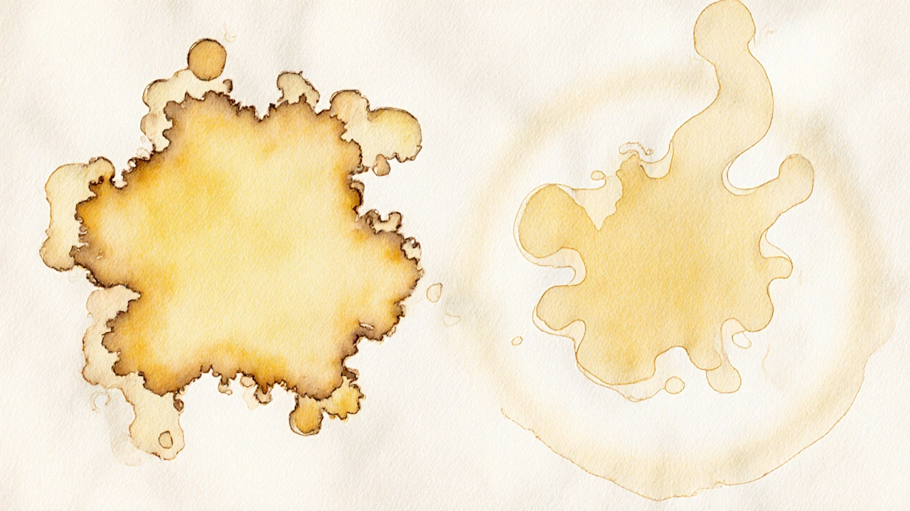 Side-by-side comparison of two types of mattress stains: one crusty, one softly diffused.