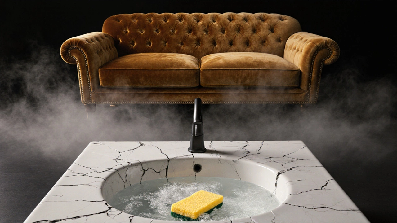 Sofa dissolving into mist above a sink full of soapy water, symbolizing damage from dish soap.
