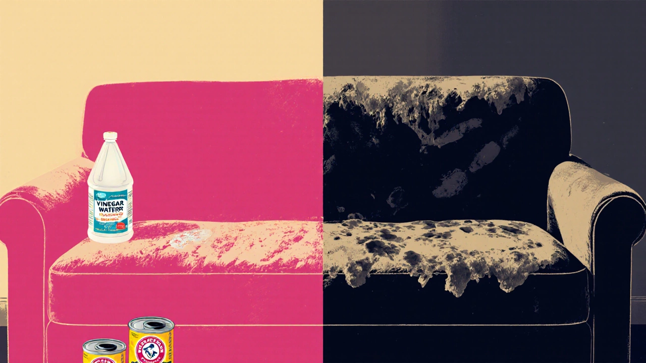 Split image: clean sofa with vinegar and baking soda vs. damaged sofa with residue and mold.