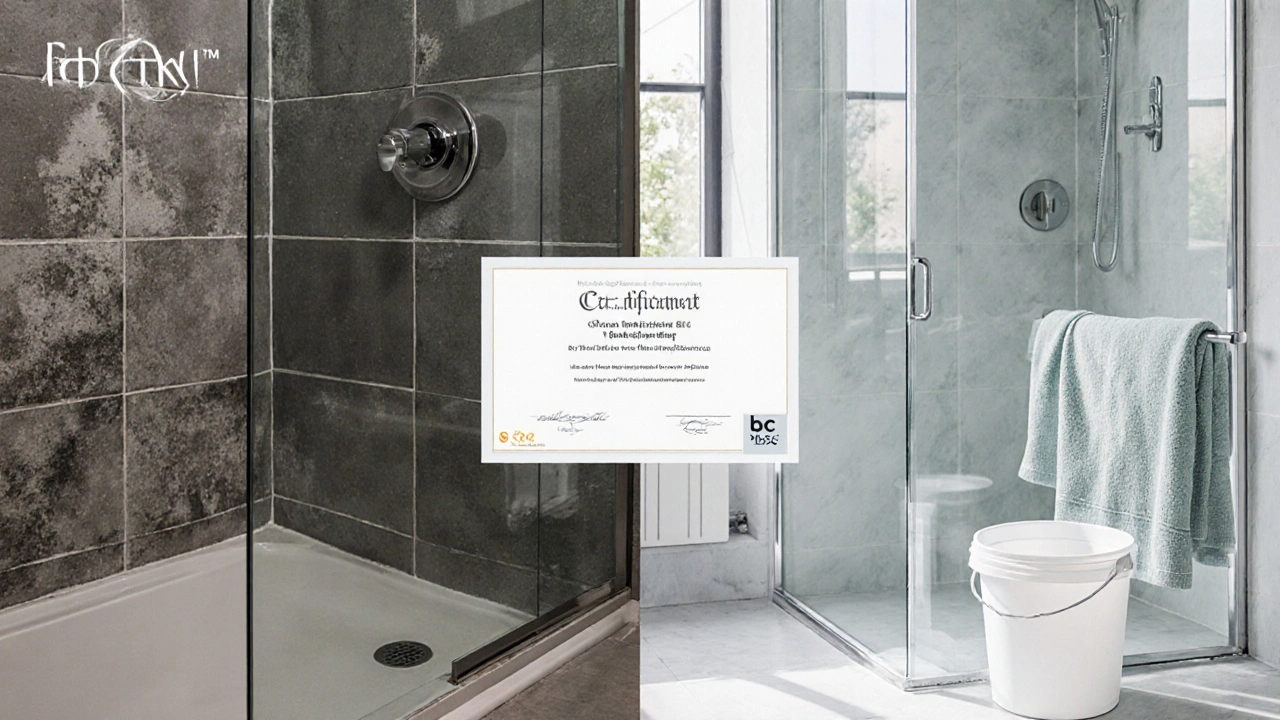 Split image: dirty bathroom versus sparkling clean bathroom with cleaning certificate in corner.