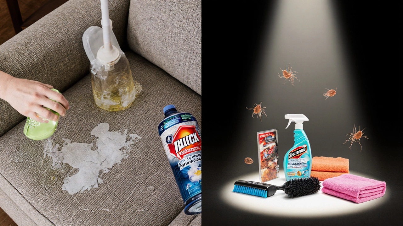 Split image: household cleaners damaging fabric vs. professional tools restoring it.